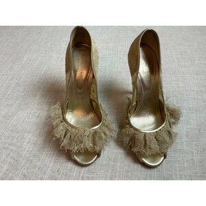 Vintage Sergio Rossi Gold Lace Ruffle Peep Toe Heels Made in Italy Women’s Size